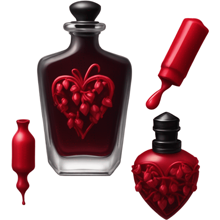 Dark red aesthetic perfume bottle with red bleeding hearts and an ink bottle emoji