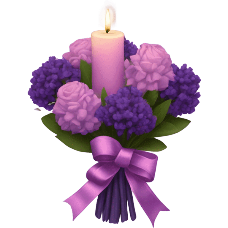 a beautiful aesthetic bouquet of dark purple and light pink lavender tied with a silk purple ribbon and a pink decorative candle  emoji