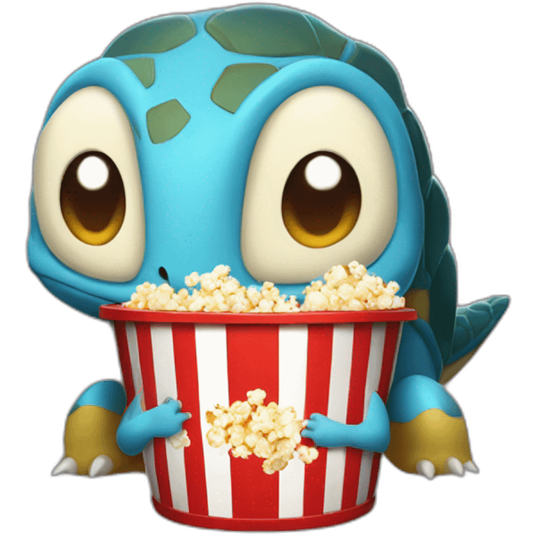 Blue cartoon Pokemon turtle with brown shell eating popcorn in a red and white bucket emoji