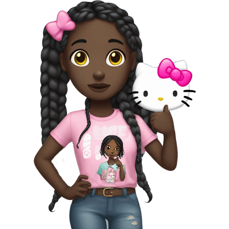 A dark skin girl with black knotless braids and a hello kitty shirt holding a thumbs ip emoji