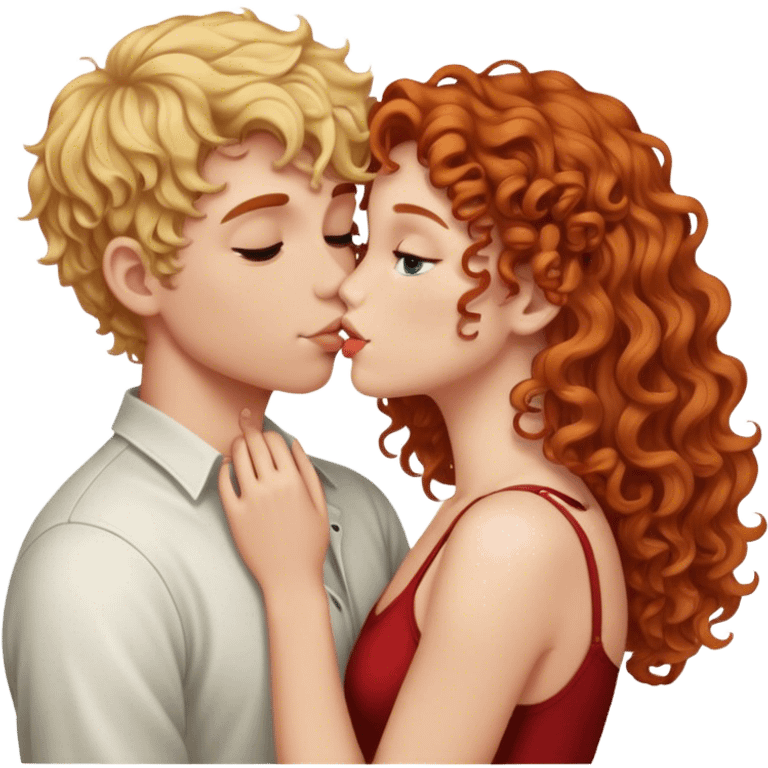 Blonde girl kissing redhead boy who has curly hair the blonde girl is straight hair emoji