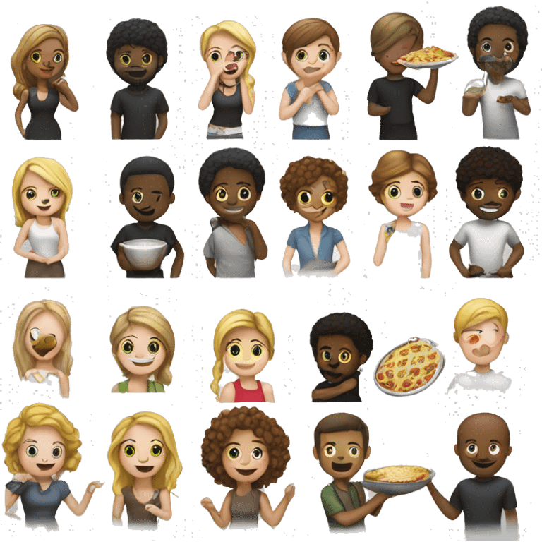 Create a group a people 2 back girl 1 white girl 1 black man who loves eating food emoji