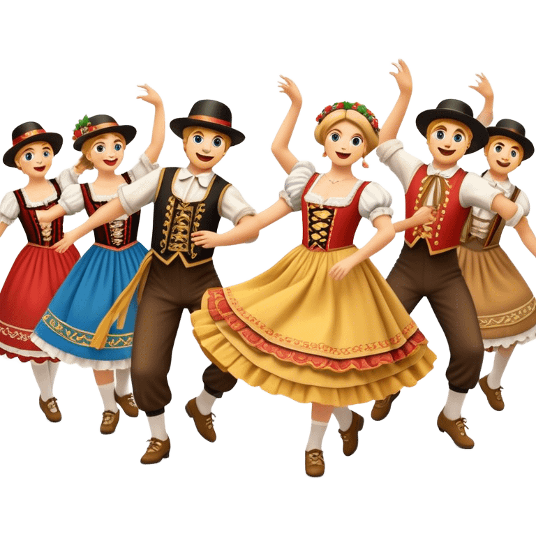 Cinematic Realistic Schuhplattler Dance Emoji, depicted as a lively traditional folk dance scene with performers in authentic Bavarian costumes, rendered with dynamic textures and festive natural lighting that captures the spirit of rural celebration. emoji