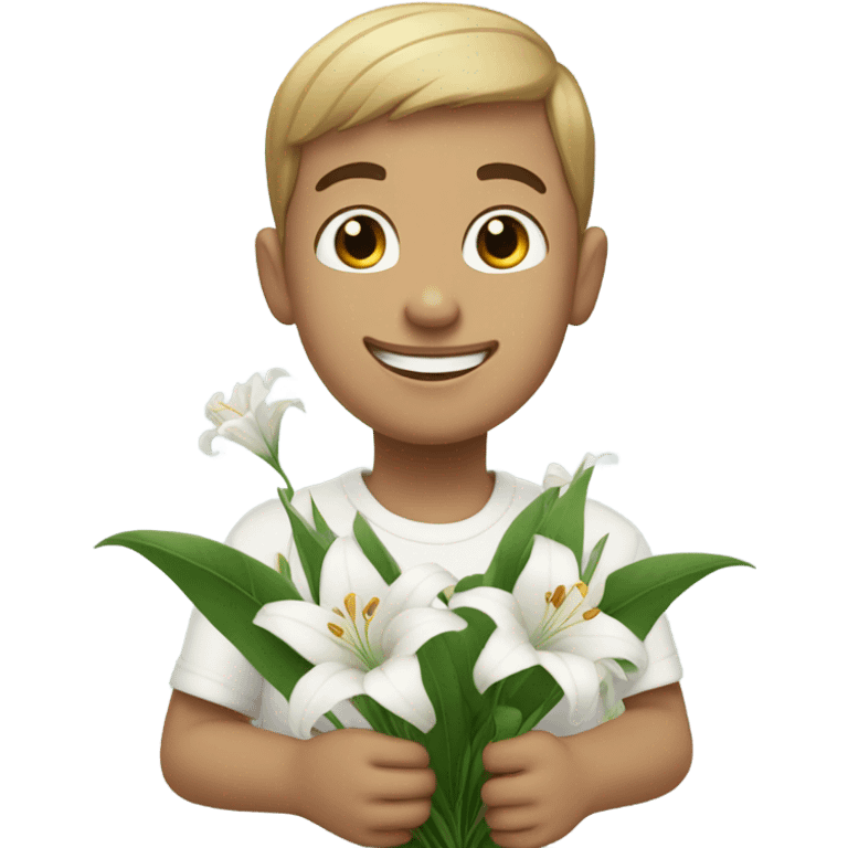 a disabled boy holding a bunch of white lily smiling emoji