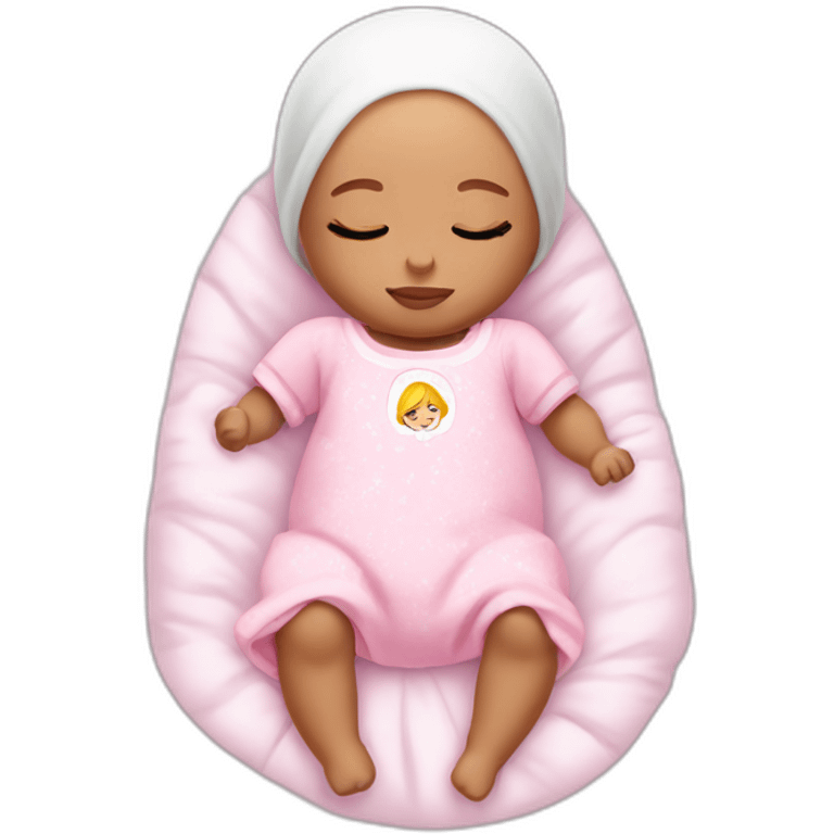 white sleeping newborn in a dress with a barbie logo emoji