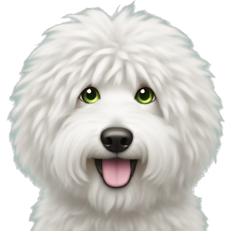 White fluffy doodle with greenish eyes and pink nose emoji