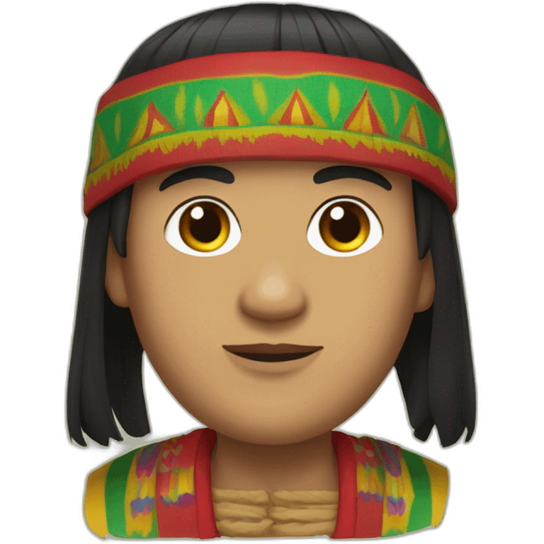 A shaved Inca man, neck-length black hair, wearing a red headband, wearing a poncho (with yellow, green and red lines) emoji