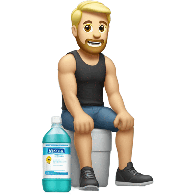 Buff man with blonde short hair and a medium length blonde beard riding on top of a giant bottle of listerine emoji