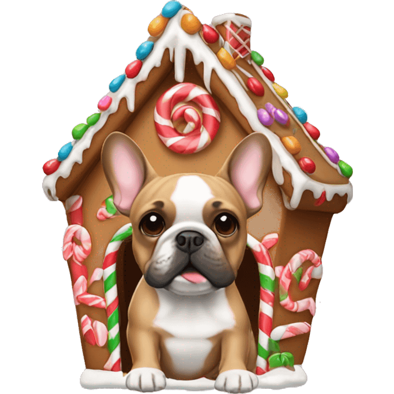 Tan French bulldog in gingerbread house emoji