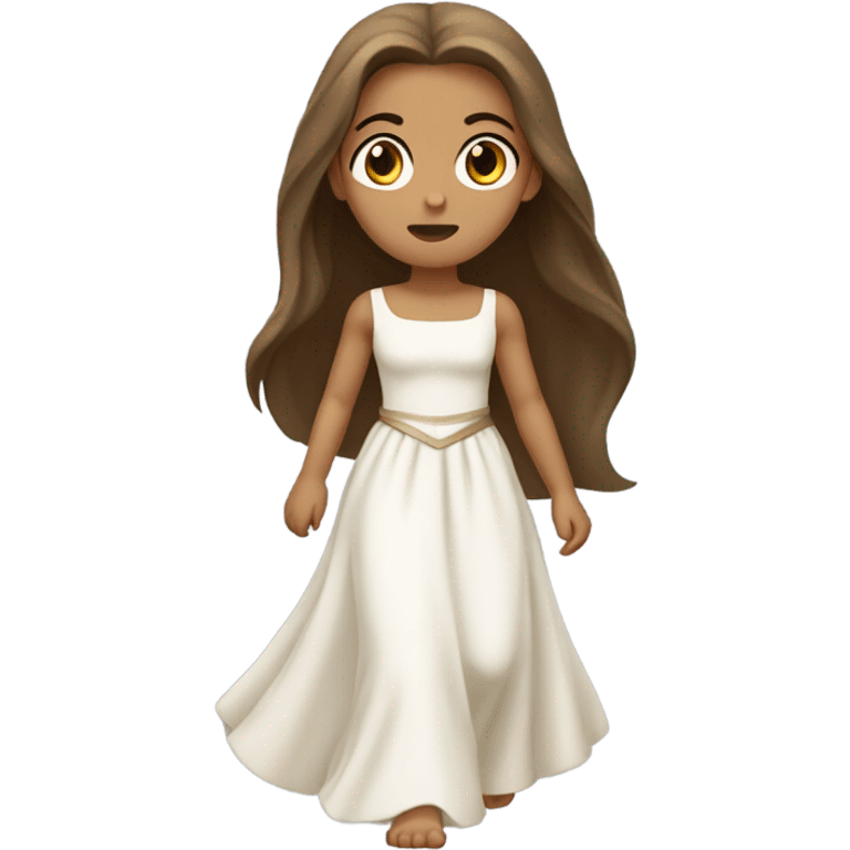 a princess with brown long straight hair, with light skin running in a white dress with a sad face emoji