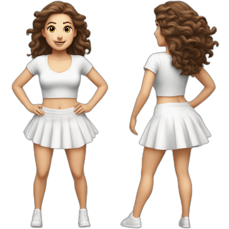 Hyperrealistic Full body Caucasian curvy beauty jumping short white skirt back and front views strong wind emoji