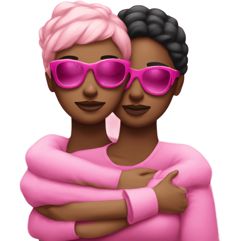 Two Black woman hugging wearing two shades of pink emoji