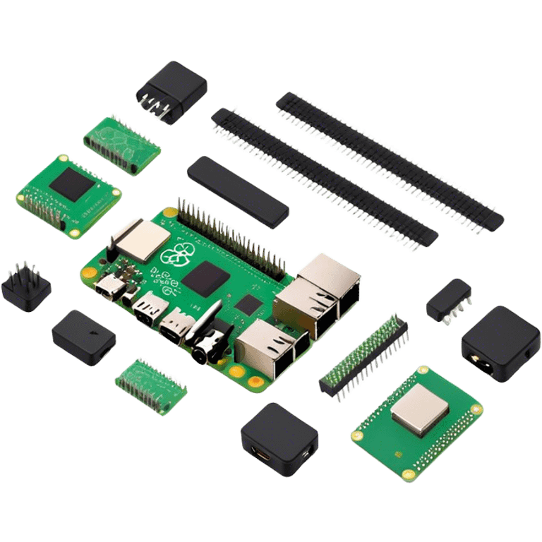 group of hardware parts like raspberry pi , chips, sensors, and cameras.  emoji