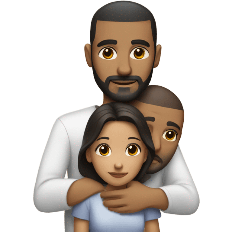 Comforting hug from brunette Puerto Rican with dark brown eyes to short, bald man with brown eyes and a beard emoji