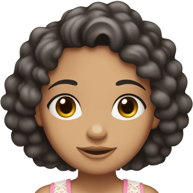 make a teenage girl emoji, mixed race, tan girl, dark grey almost black eye colour, long hair dark brown curls. Wearing a lace trim baby pink tank top with a small bow on shirt. One girl emoji