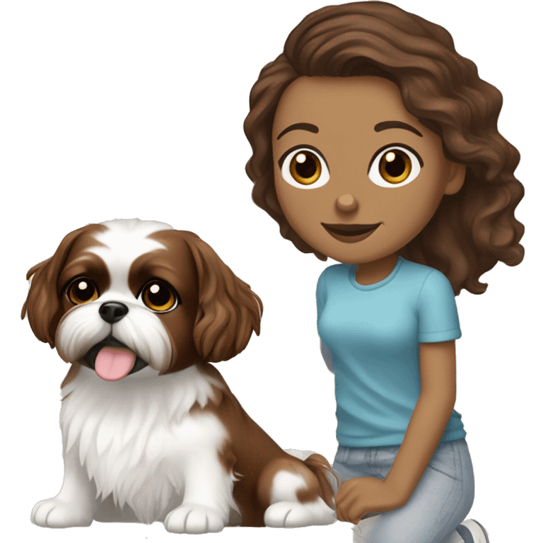 young woman with light bron skin, big brown eyes, tiny nose, long chocolate wavy hair. With a pair of sneakers on the background, add a house to the background, a shihtzu and a cihuahuadog emoji