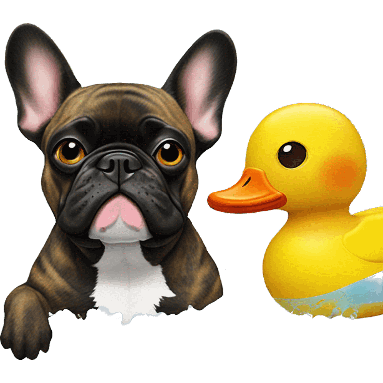 brindle black faced brindle coat french bulldog  bathes with an inflatable duck emoji