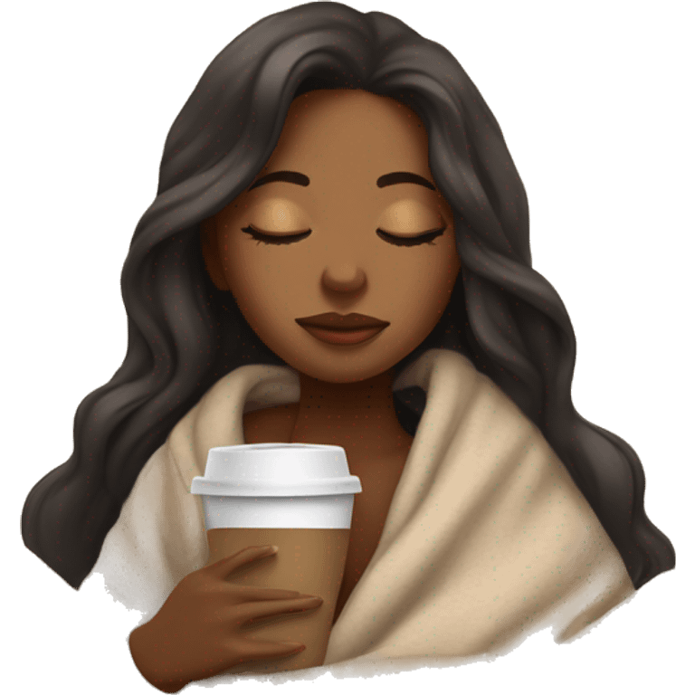 brown girl inside a blanket sipping coffee eyes closed emoji