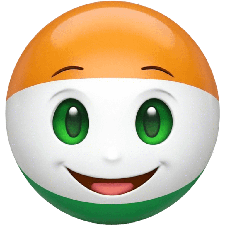 "A 2D-rendered, glossy, spherical emoji with a cheerful smiling face. The sphere is painted with the colors of the Indian flag—saffron on top, white in the middle, and green at the bottom. The emoji has large, shiny green eyes with black pupils, reflecting light for a cute and friendly expression. The background is plain white, making the vibrant colors and glossy texture of the sphere stand out. The overall style is smooth and cartoon-like, with a polished and modern look." emoji