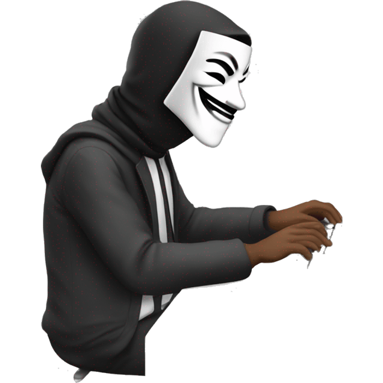 Man in anonymous mask typing text on computer emoji