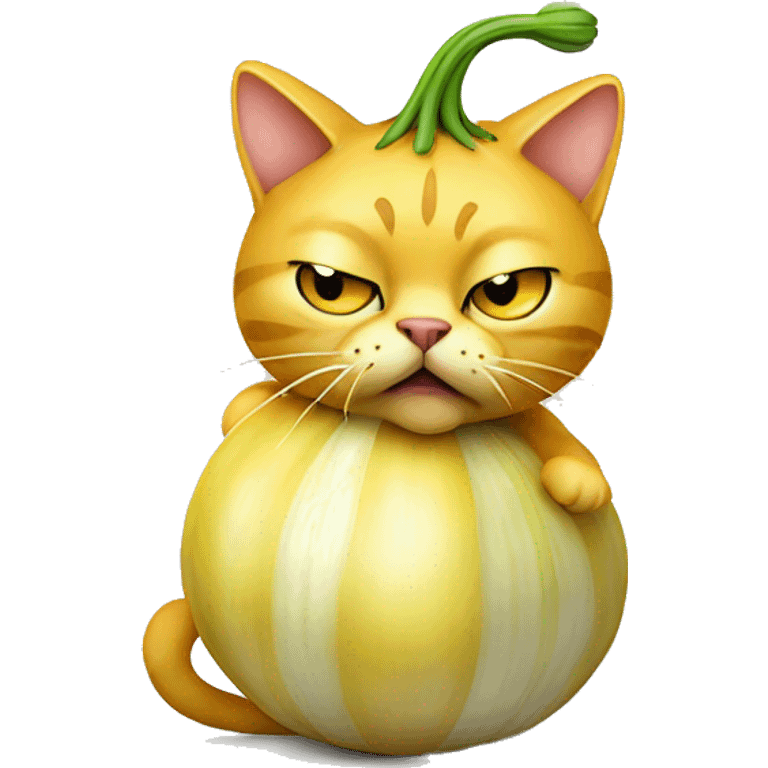 Yellow Cat that smells bad and is sitting on an onion emoji