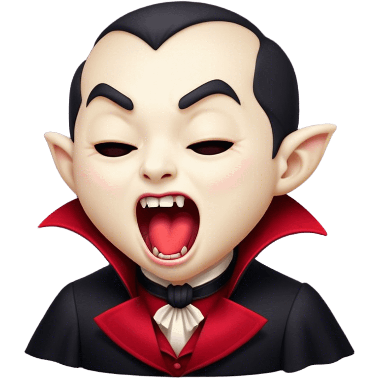 Cinematic Cute Yawning Vampire Portrait Emoji, with a small, rounded, charming pale face accented with tiny playful fangs and droopy, half-closed eyes, head tilted in an adorable wide yawn, dressed in miniature elegant dark attire with a hint of crimson, simplified yet irresistibly endearing, highly detailed with a soft, mysterious glow and gentle outline that captures the cute, drowsy side of an immortal! emoji