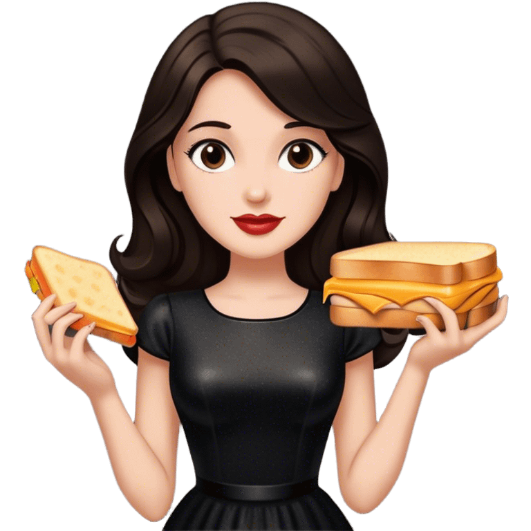 Beautiful woman in 1950’s woman fashion look, black shimmery dress, long dark brown hair, grilled cheese sandwiche emoji