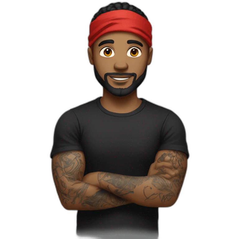 white man with tattoos in a black T-shirt and a red bandana emoji