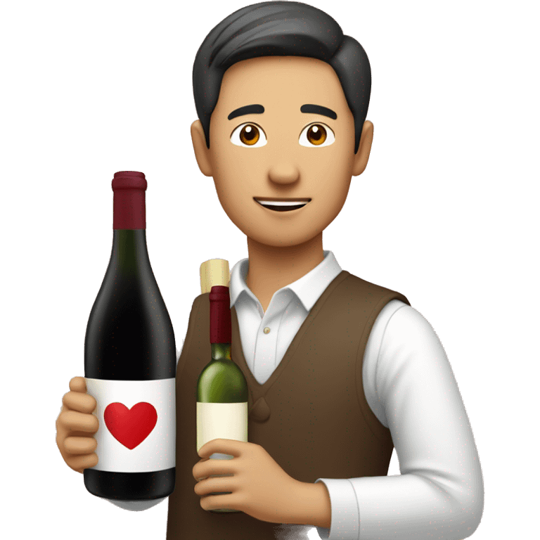 Asian Man with a bottle of wine come with heart shaped label  emoji