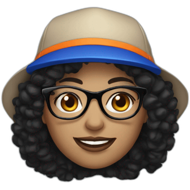 fair skinned woman with black curly hair and Mets hat and glasses emoji