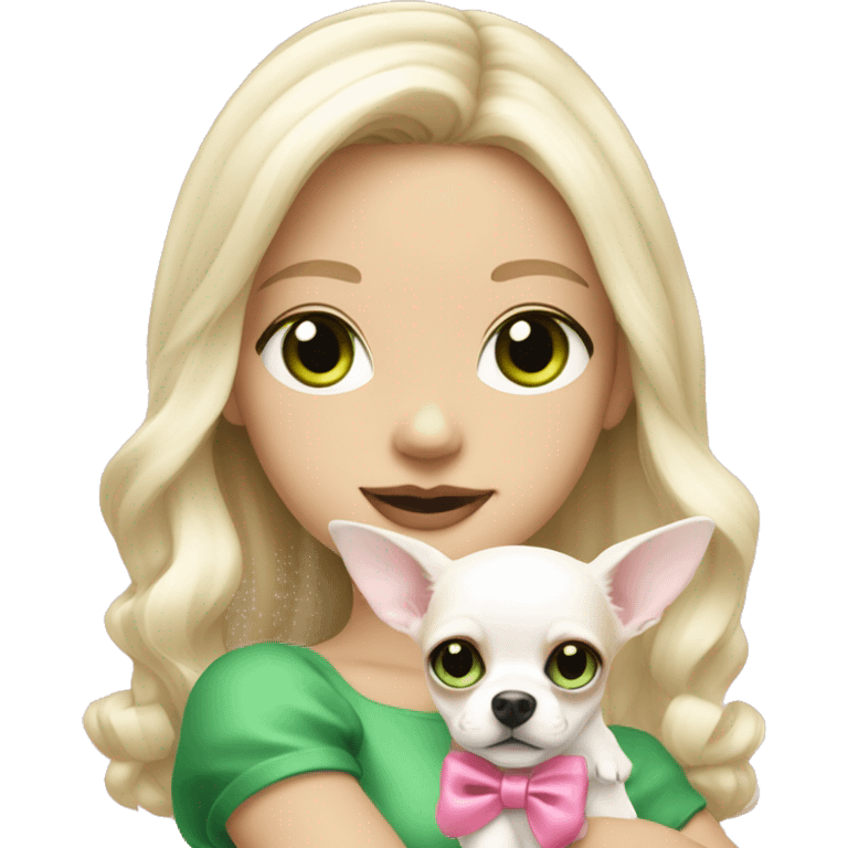 pale blond girl with wavy long platinum hair with green eyes holding a white chihuahua puppy that wearing a pink bow emoji