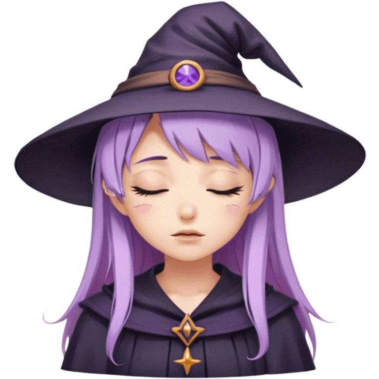 cute anime girl with closed eyes crying with lilac hair in witch hat emoji