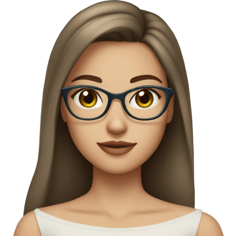 girl with brown hair in a side part, wearing off shoulder top, light coloured skin, greenish blue eyes, glasses emoji