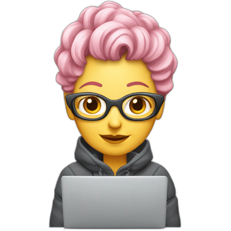 Middle aged woman with pink Hair with Grey laptop and skis emoji