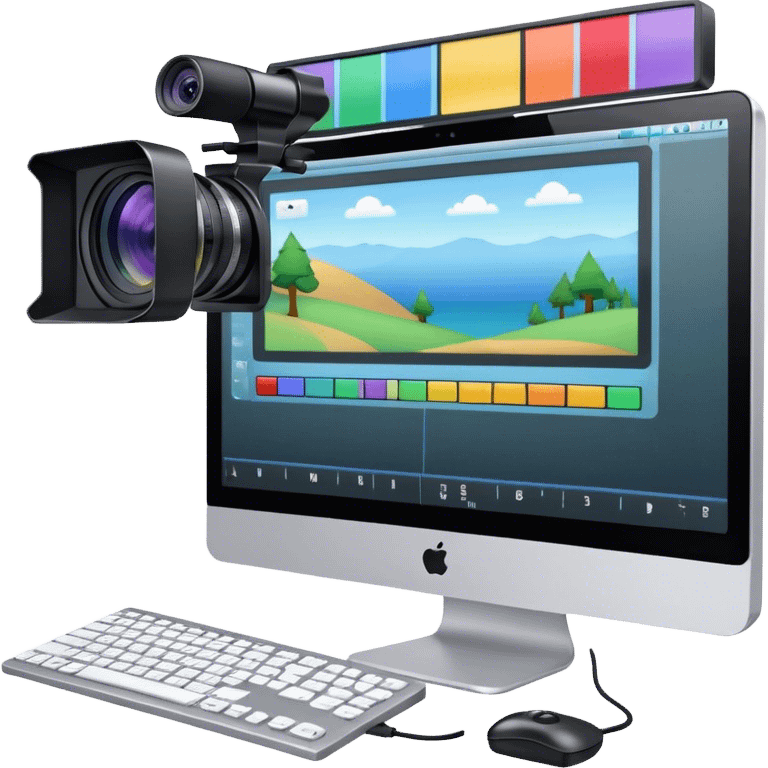 Create an emoji for video editing. Show a computer screen with a video timeline, clips, and editing tools (e.g., scissors). Add a video camera. Use modern, professional colors. Do not include any emojis or smiley faces. Make the background transparent emoji