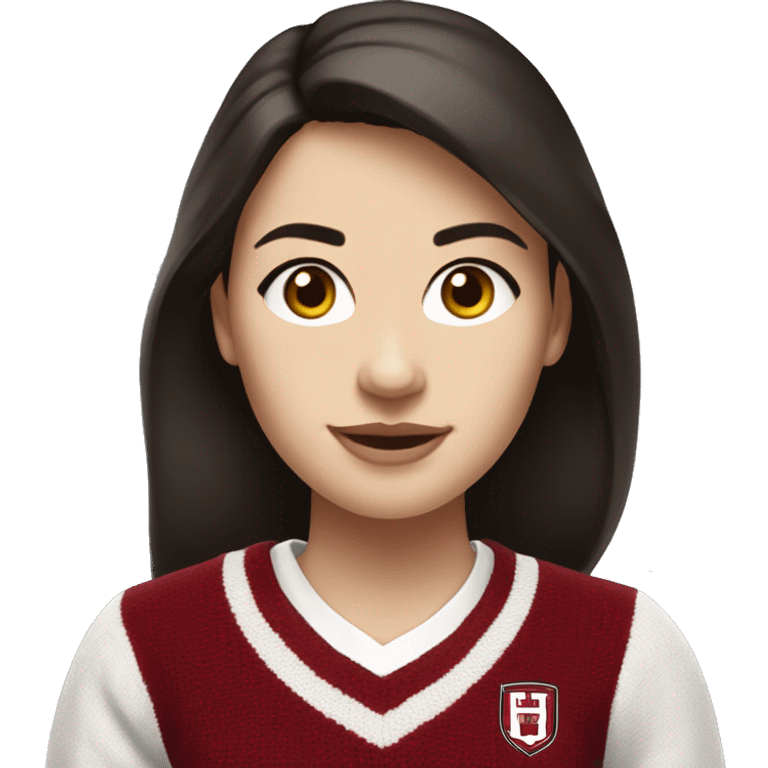 Girl with dark brown hair and white skin wearing a crimson and white sweater with the black crimson and white Harvard University logo on it  emoji