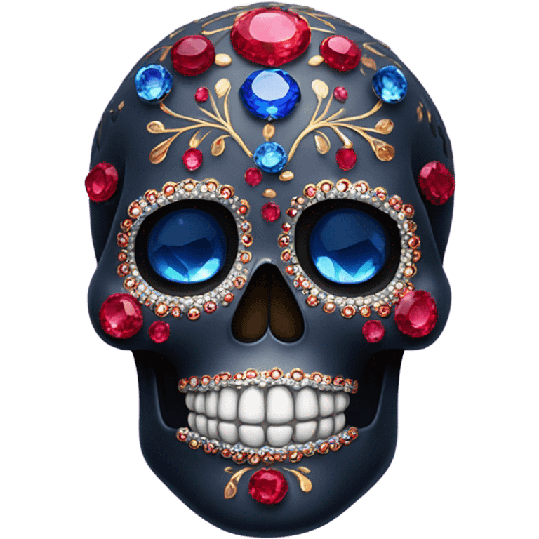 Realistic single isolated decorative sugar skull with sparkling rubies and sapphires in dark colo emoji