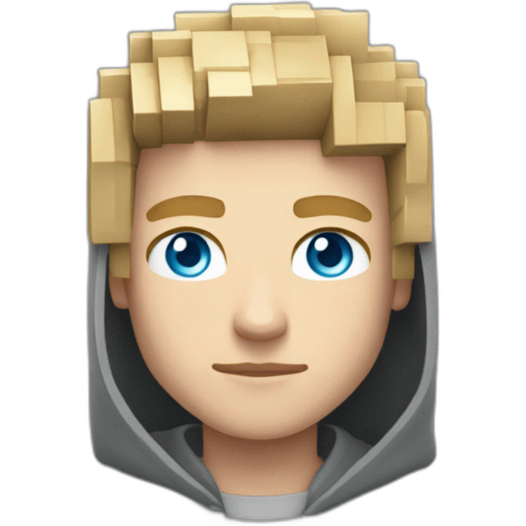 young blond man with gray-blue eyes dressed in a gray minecraft hoodie emoji