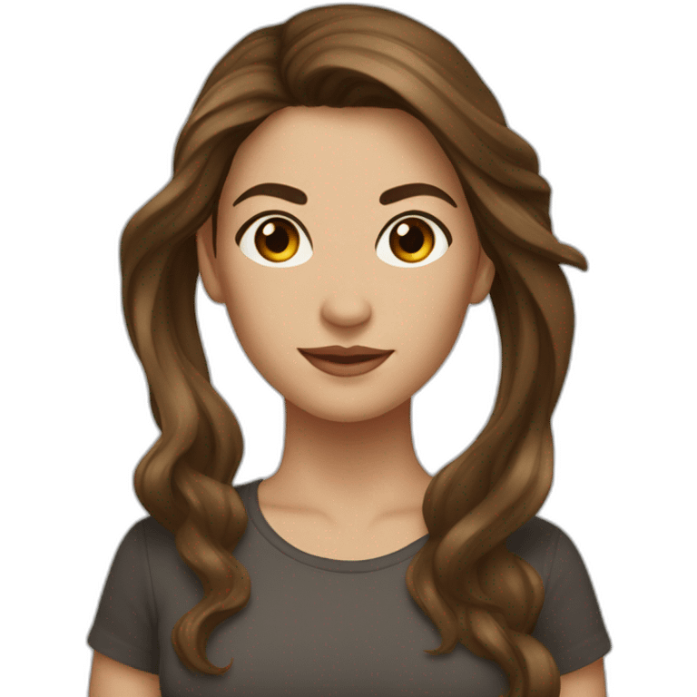 brown-haired woman with long hair, brown eyes, dancer emoji