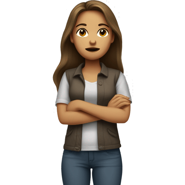 woman with long brown hair and light skin, crossing arms and frowning emoji