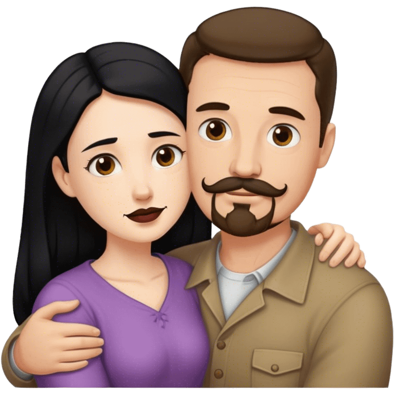 Tall white man with brown mustache and goatee hugging a short pale woman with long black hair emoji