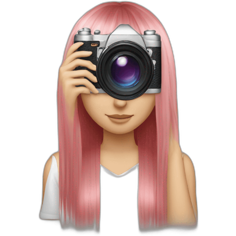 girl with long, straight rose hair and fringe with camera emoji