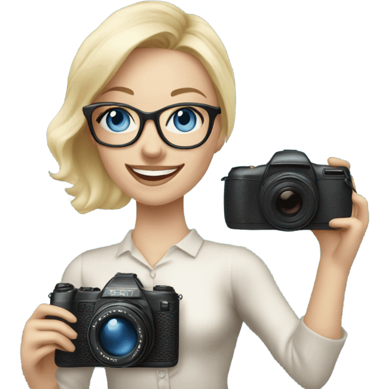 Elegant real blonde girl with glasses smiling blue eyes taking pictures with a camera  emoji