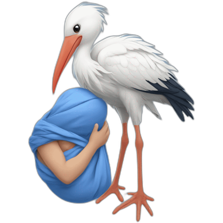 White stork carrying a blue bundle of cloth in its big beak that has a cute human person cute baby boy inside and his head is peeking from the fabric the strok is carrying in its beak emoji