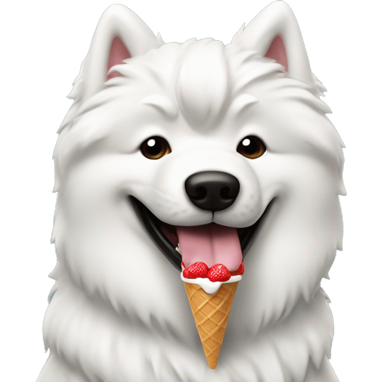 Samoyed dog eating vanilla strawberry ice cream flavored wearing black leather jacket  emoji