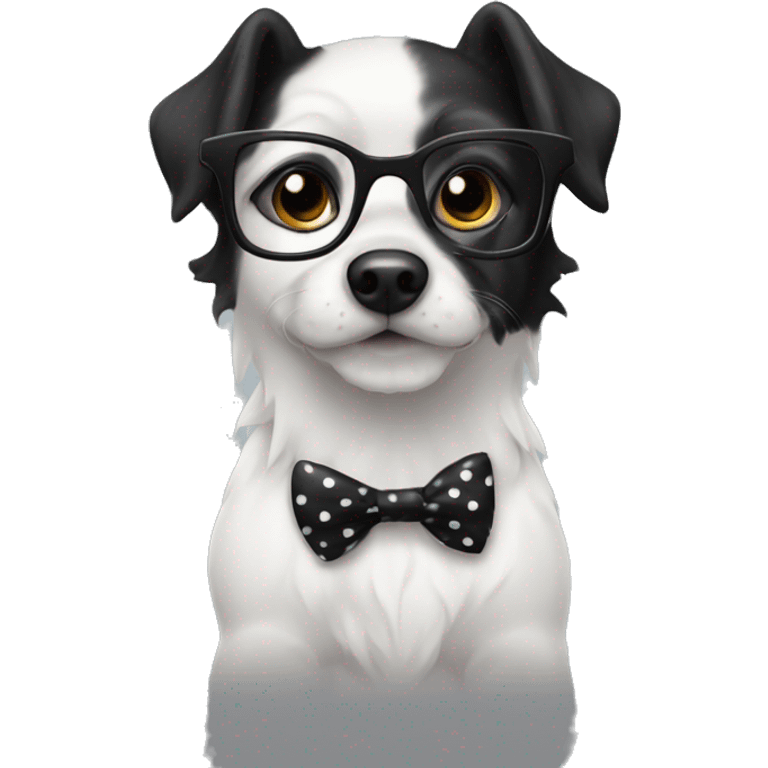 medium-black-and-white-dog-with-black-eyes-and-black-glasses-and-polkadot-black-white-bow emoji