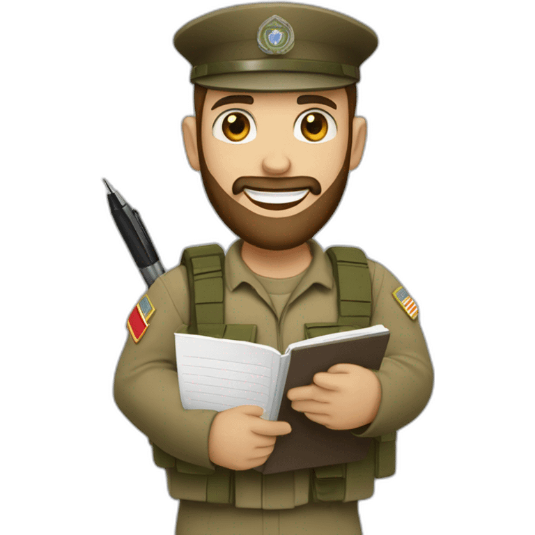 pale brown bearded IDF soldier happy holding notebook and pen emoji