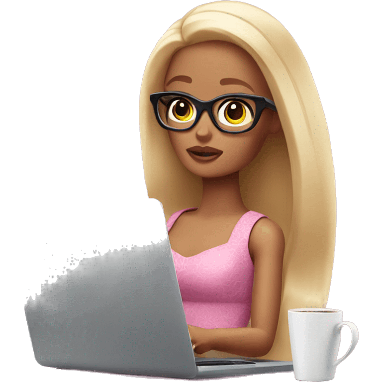 tired barbie with laptop drinking a lot of coffee emoji