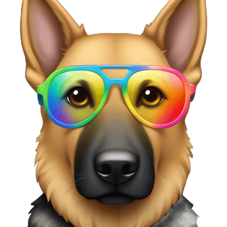 Black German Shepard with big light brown eyebrows and highlights with rainbow sunglasses emoji