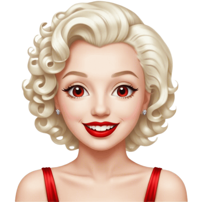 Cinematic Realistic Marilyn Monroe Emoji, featuring a glamorous, high-detail portrayal of the legendary Hollywood star. Her iconic platinum curls, radiant smile, and signature red lips are illuminated by dramatic, vintage-style lighting, evoking the timeless allure of classic cinema. emoji